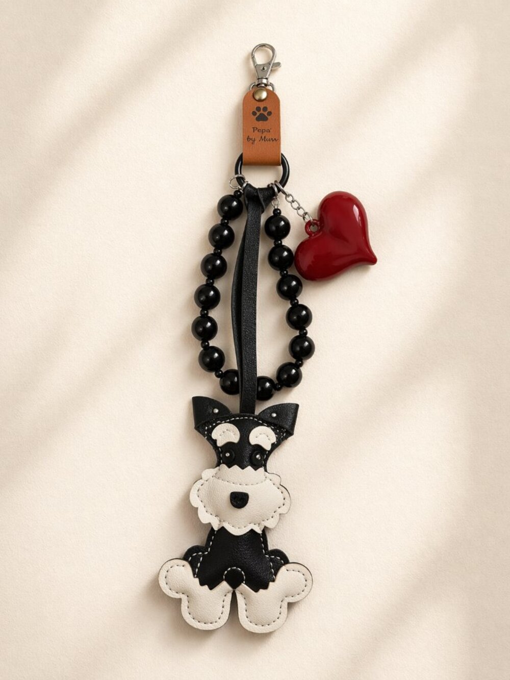 Black & White Dog Keychain with Red Heart Charm – 9" Length